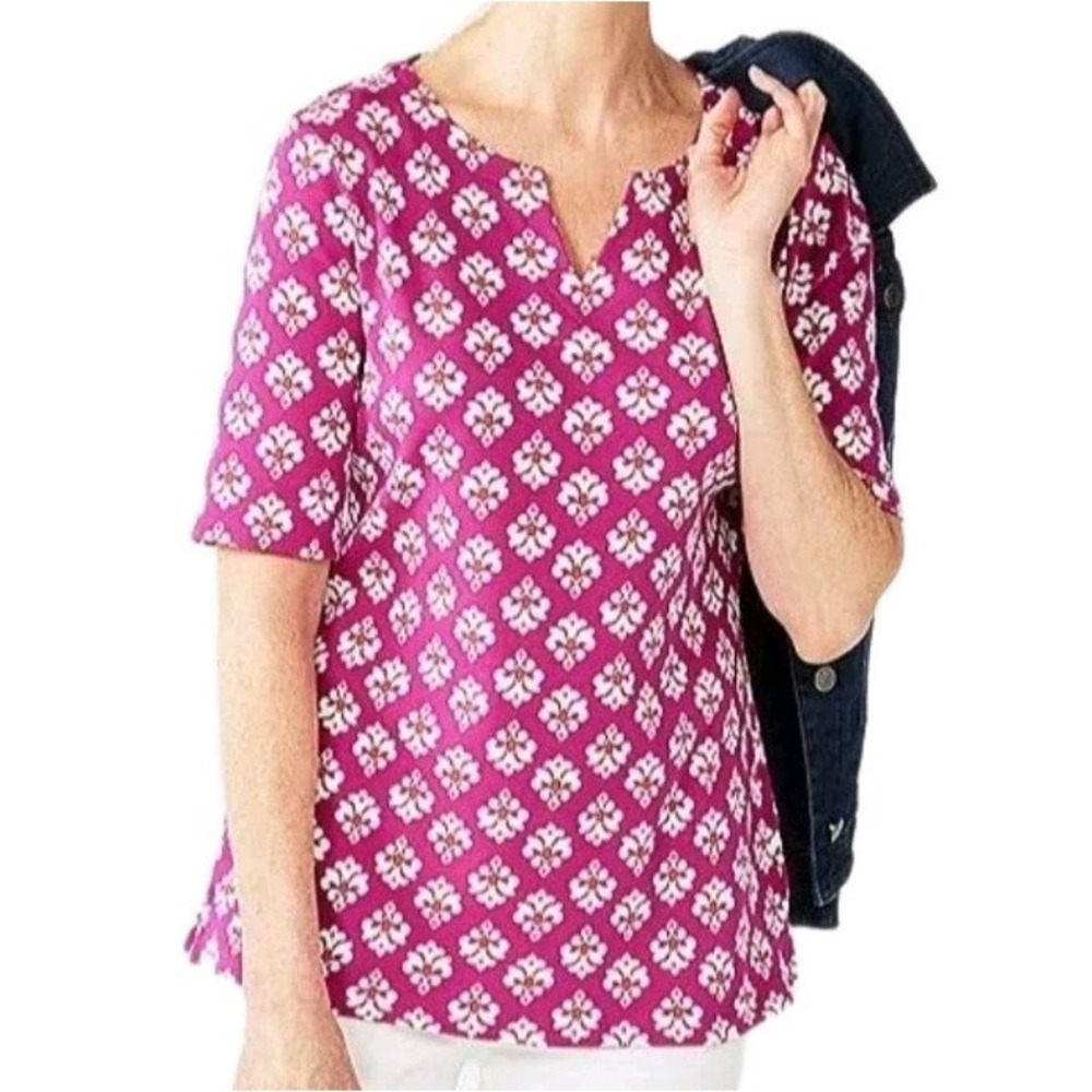 Croft & Barrow Womens 1X‎ Geo Print Top Fuchsia Pink Cotton Split Neck Tee Shirt